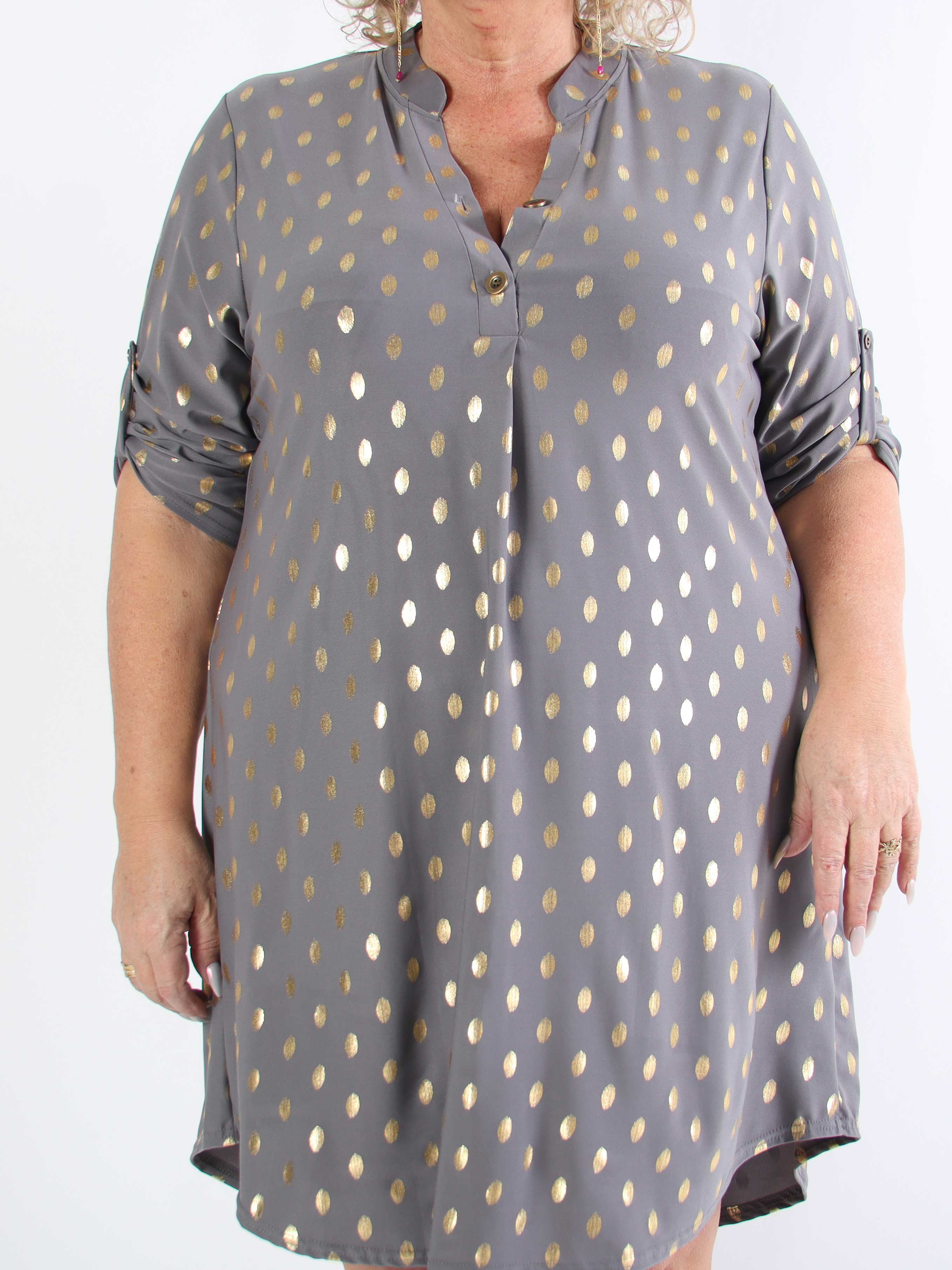 Ebba Gold Long - Elastisk plus size kjole med guld prikker